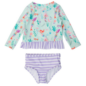 light blue top with purple and white striped ruffles with matching purple and white striped bottoms 