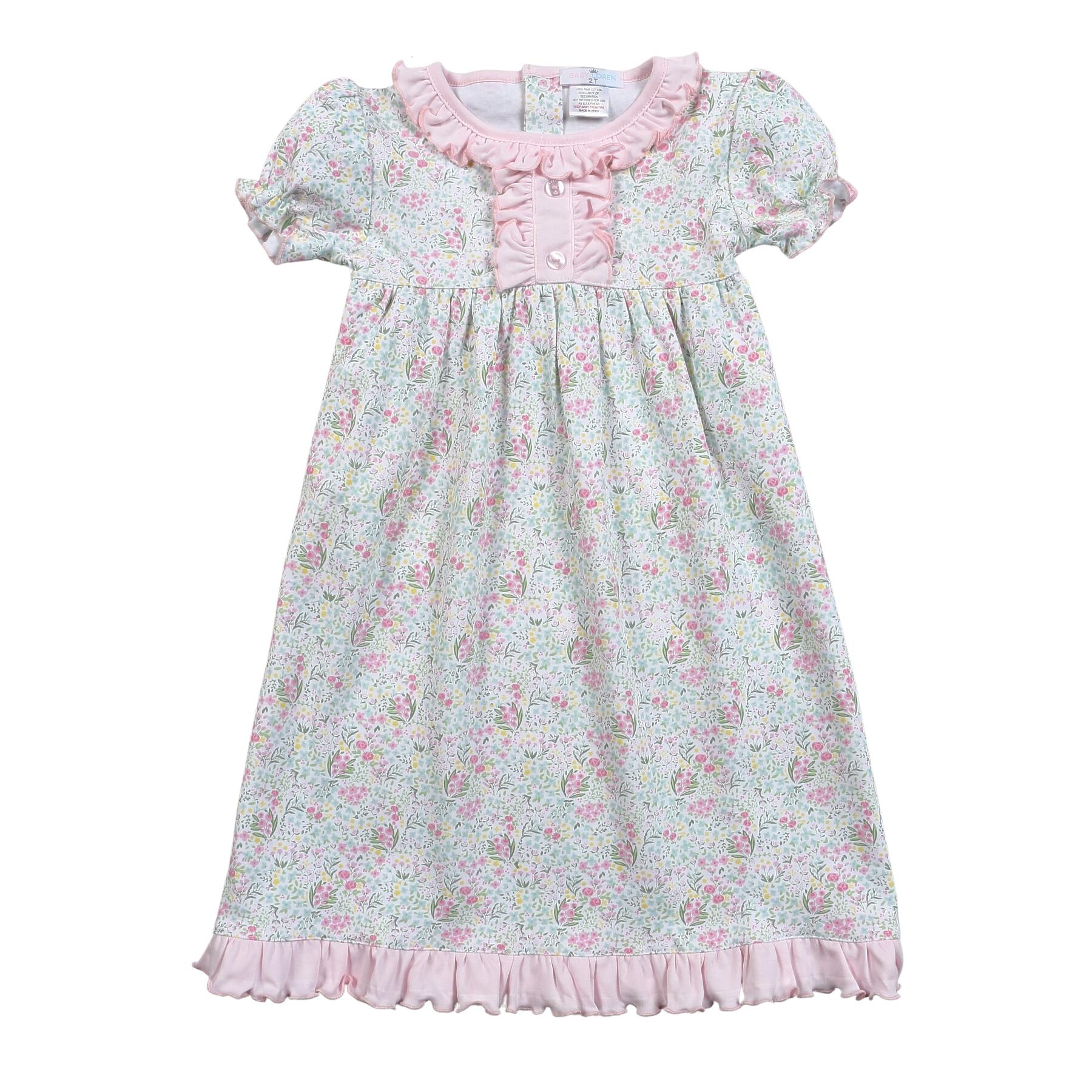 Night gown with pink ruffles and pink and green flowers