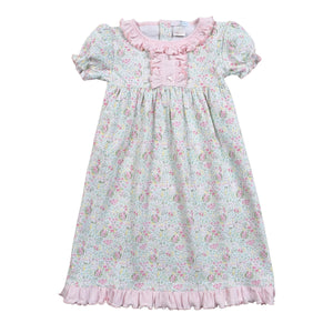 Night gown with pink ruffles and pink and green flowers