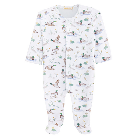 White baby footie sleeper with watercolor-style mallard ducks and pond scene print, featuring long sleeves and footed bottoms.