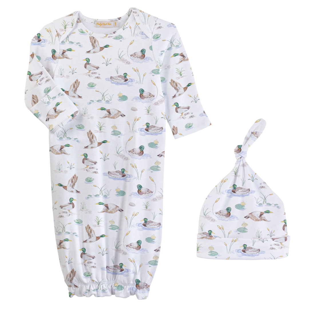 Baby gown and knotted hat set featuring a watercolor mallard duck print on white background with long sleeves and elastic bottom.