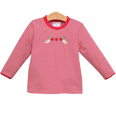 Red and white striped long-sleeve kids shirt with embroidered mallard ducks and hearts, displayed on a wooden hanger against a white background.