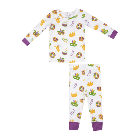 two piece loungewear set with mardi gras themed items n the pajamas