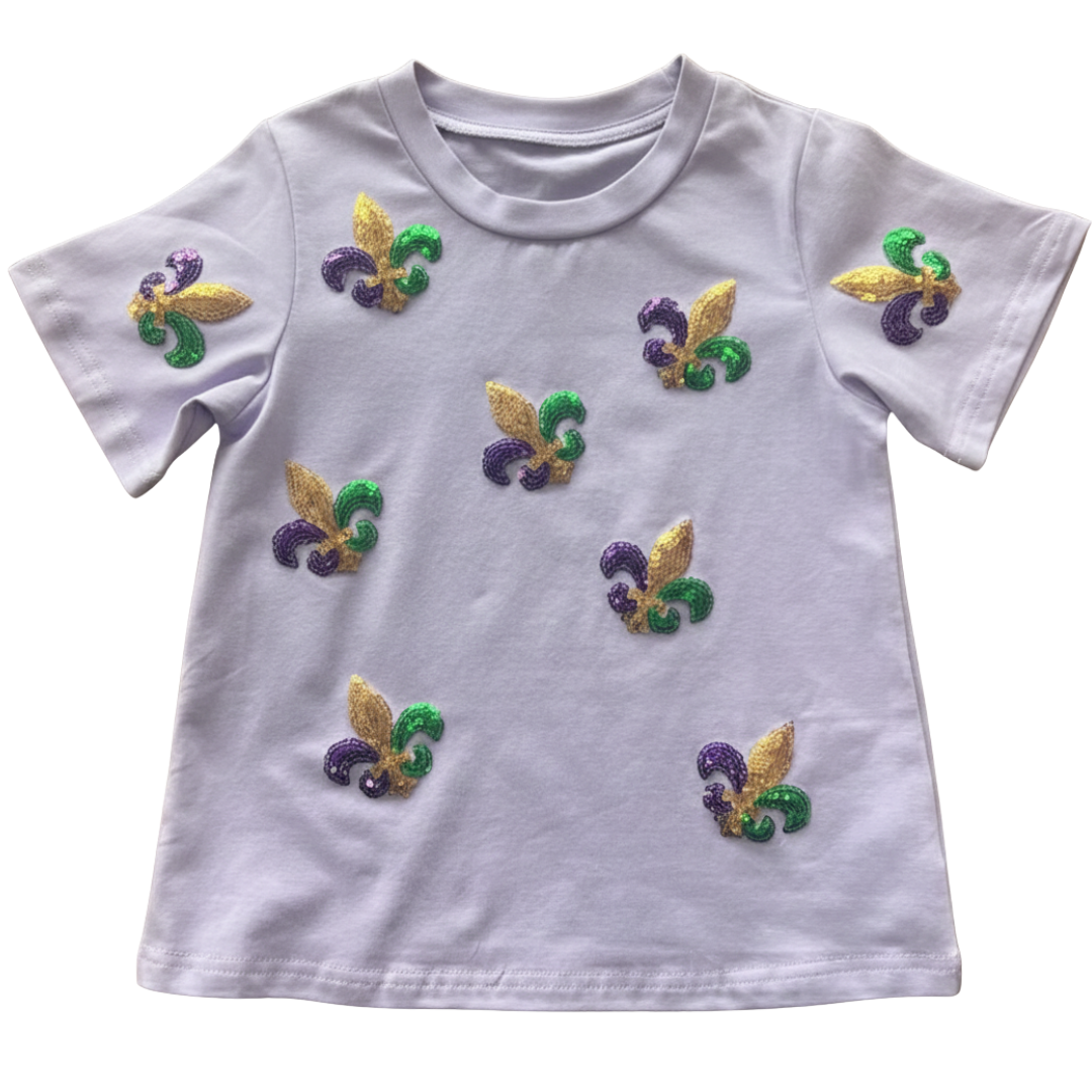 Mardi Gras All Over Sequin Fleur De Lis Tee