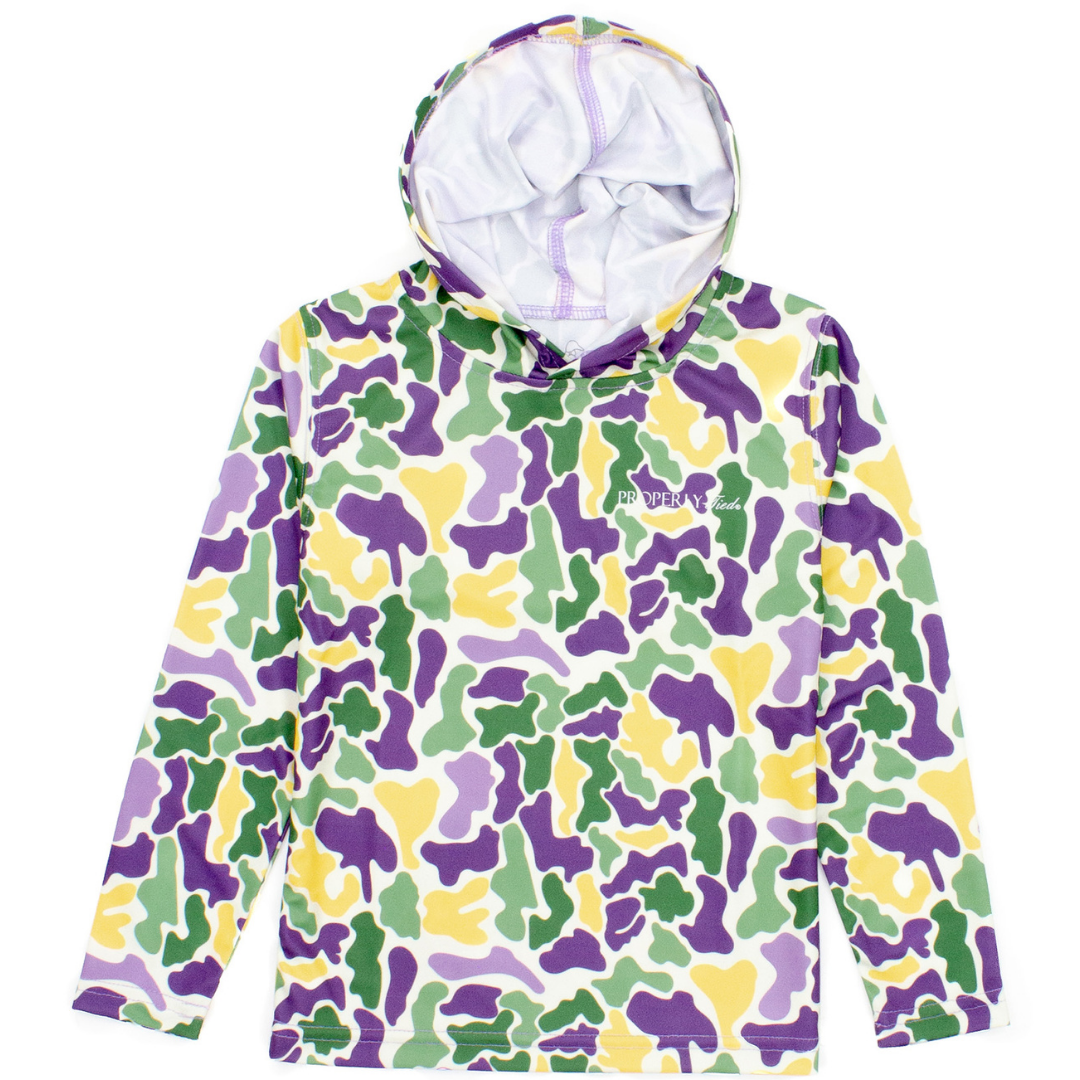 Boys’ hooded pullover with Mardi Gras camo print in purple, green, and yellow with Properly Tied logo on chest

