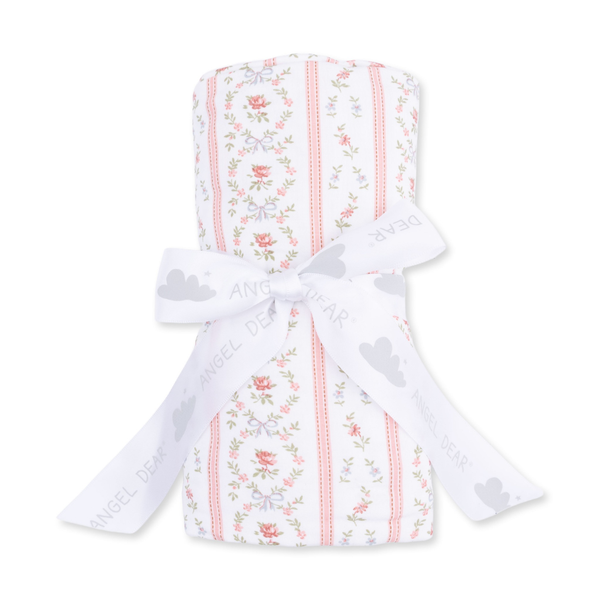 Vintage floral stripe baby swaddle blanket in soft pink tones, lightweight newborn blanket