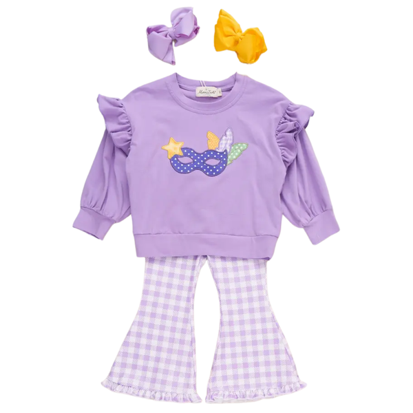 Girls lavender two-piece outfit with Mardi Gras mask applique sweatshirt, ruffle sleeves, and gingham bell-bottom pants.