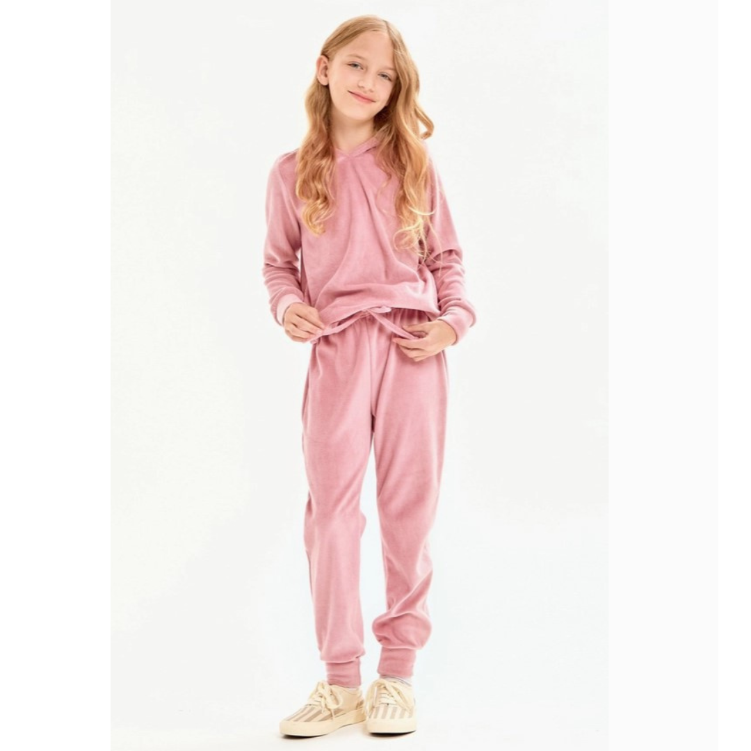 two piece set with hooded pullover and elastic waist and cuffed pants with a faux tie in a luxurious cotton velour