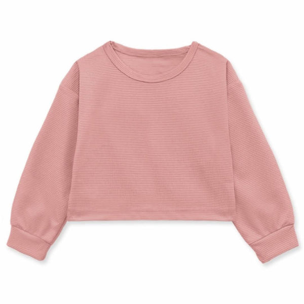 Kids’ mauve waffle-knit polyester long sleeve top with ribbed cuffs and relaxed fit.