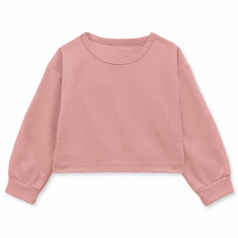 Kids’ mauve waffle-knit polyester long sleeve top with ribbed cuffs and relaxed fit.