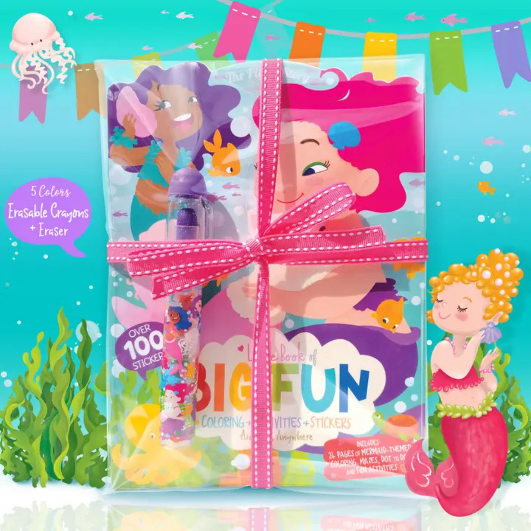 “Mermaid Activity Gift Pack with Little Book of Big Fun featuring 24 activity pages, 100+ stickers, and erasable color stack crayon.”