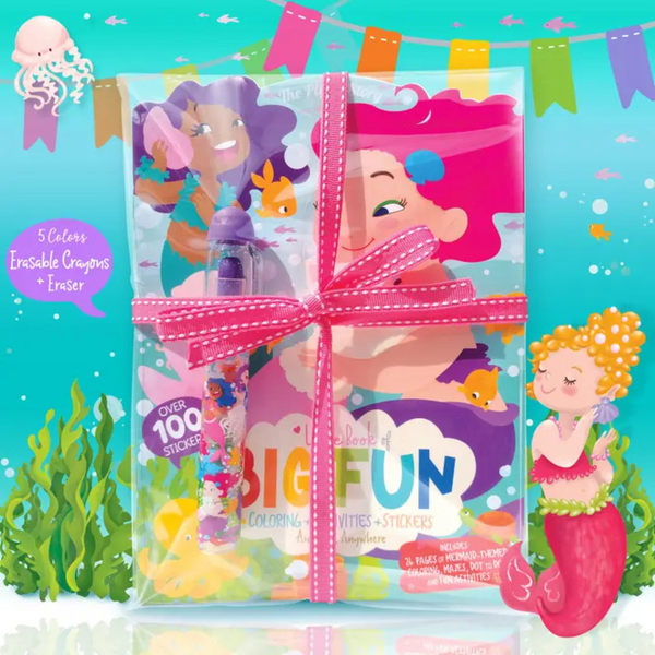 “Mermaid Activity Gift Pack with Little Book of Big Fun featuring 24 activity pages, 100+ stickers, and erasable color stack crayon.”