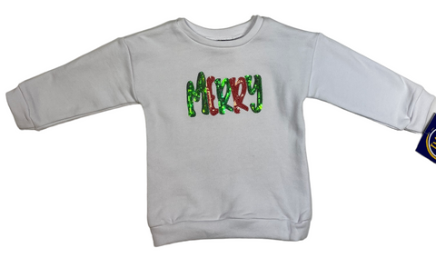 white sweatshirt with green and red sequin "Merry"