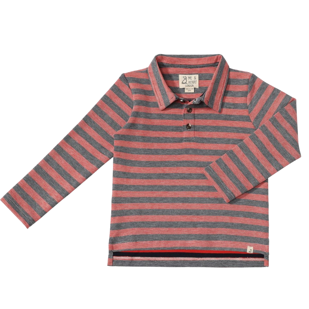 red and grey striped long sleeve polo
