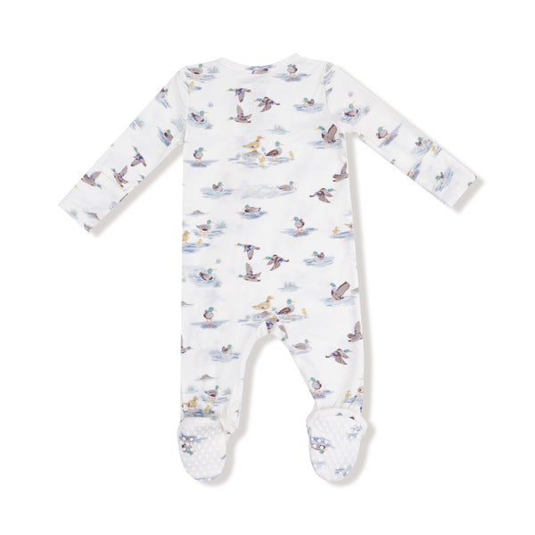 Back view of the footie showing full duck print and non-slip footie soles