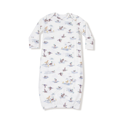 Front and back view of a baby gown featuring a watercolor-style mallard duck print with long sleeves, lap shoulders, and an elastic bottom.

