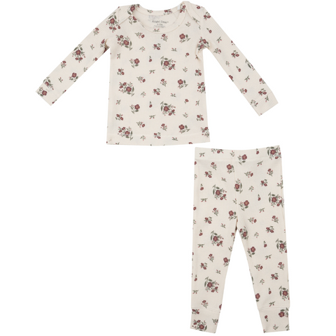 long sleeve two piece ivory loungewear set with red roses