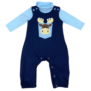 Navy blue knit Jon Jon Romper with a moose applique on the front pocket and a separate light blue long sleeve mock turtleneck shirt 