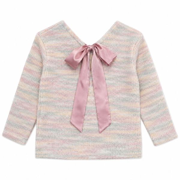 Girls pastel rainbow knit sweater with long sleeves and soft lightweight texture with a pink bow