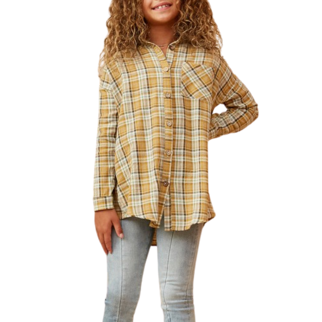 Long sleeve plaid button down shirt for girls.  Mustard, grey, cream and olive color 