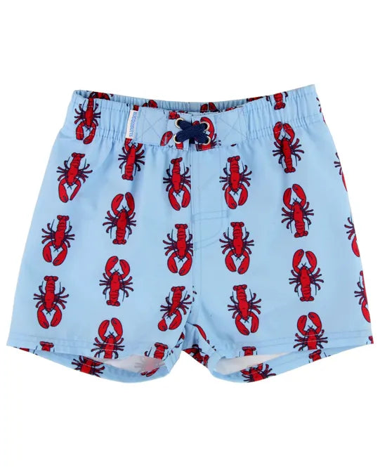 Blue swim trunks with red lobsters on them