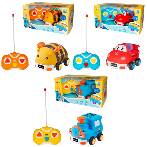 A collection of  3 colorful remote-controlled cars designed for children, each with a soft, removable shell. The cars are displayed in different packaging boxes with playful designs.