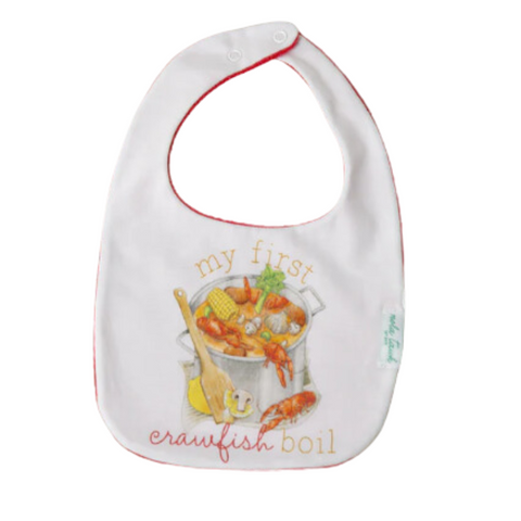cotton baby bib white on the front with a crawfish boiling pot with all the fixings graphic on the front and solid red on the back