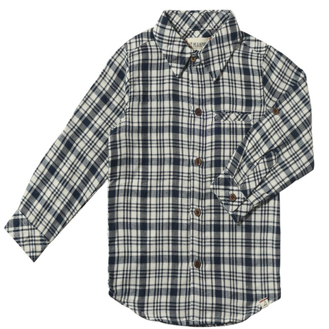 navy and white plaid long sleeve button down shirt