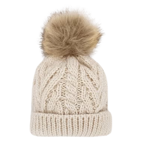 Natural color cable knit with pom pom beanie hat