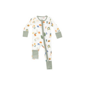 white and green romper with the alphabet and animals 