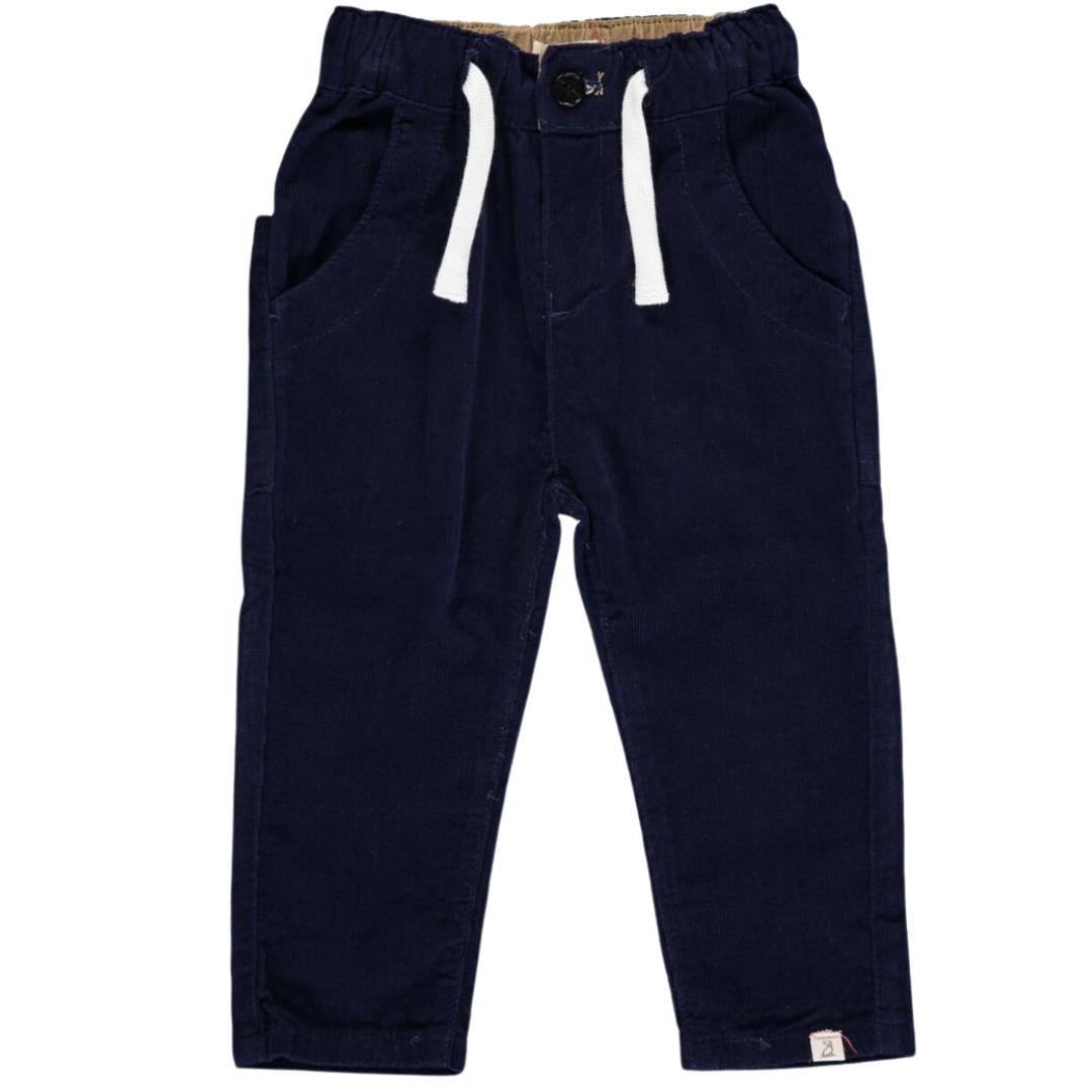 navy pants with an elastic waist that you can adjust with a tie