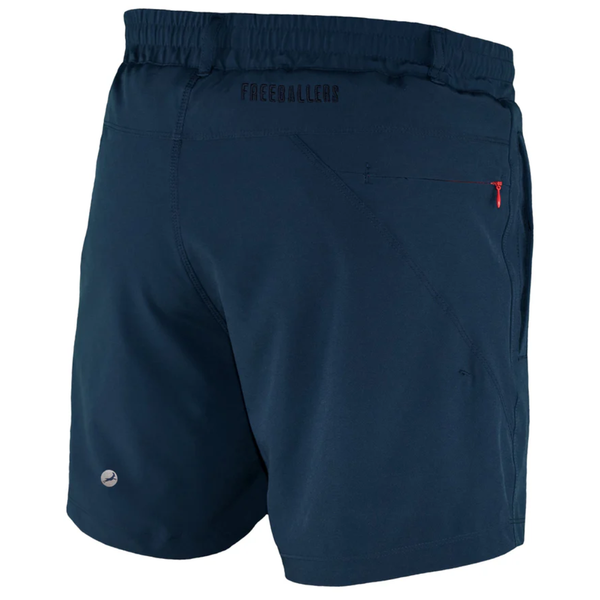 Navy blue shorts with a brand logo on a white background