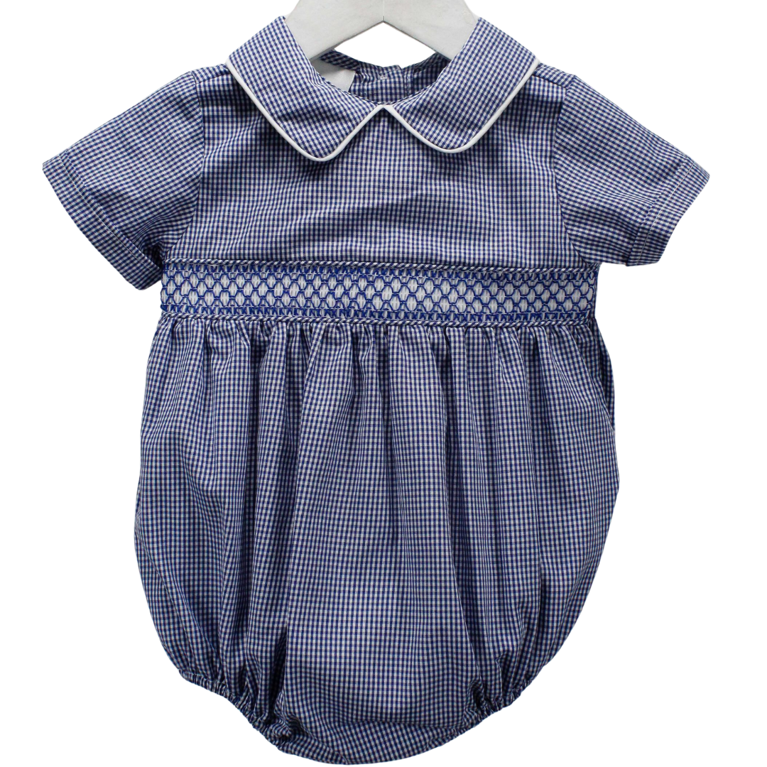 classic style geometric smocked bubble in a navy and white microcheck fabric.