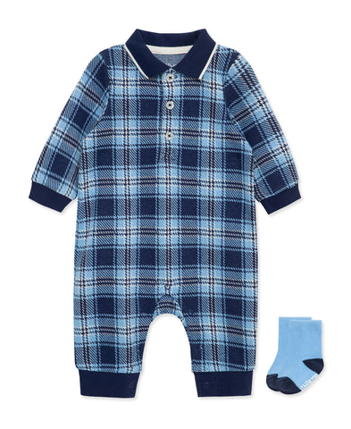 blue and black plaid coverall with matching blue socks