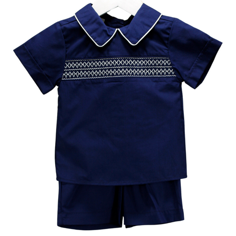 Navy and White Smocked Short Set