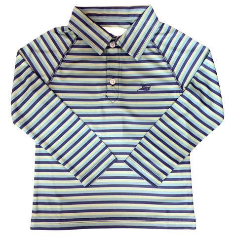 navy, green and smoke  long sleeve collared polo made of performance fabric
