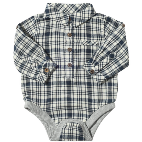 navy and white plaid long sleeve button down onesie