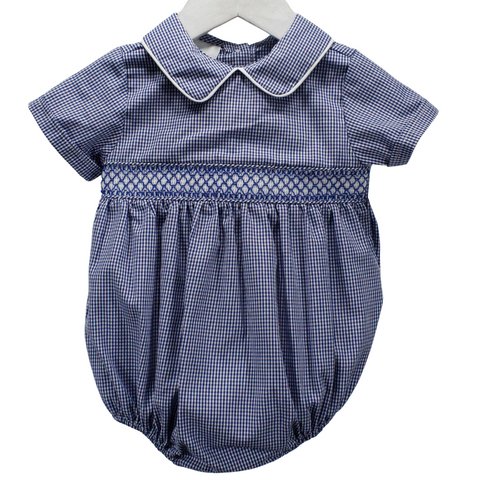 classic style geometric smocked bubble in a navy and white microcheck fabric.