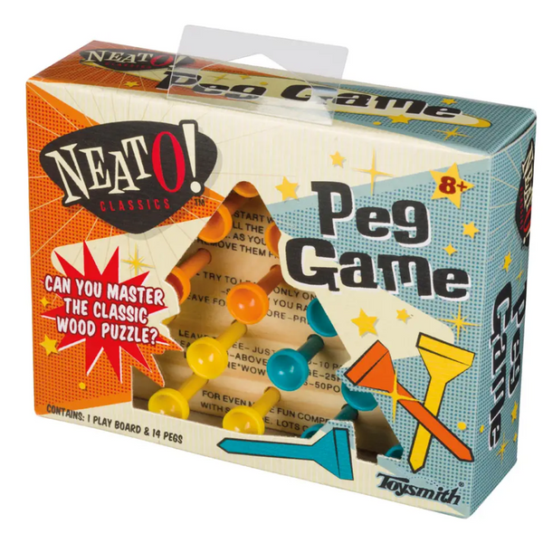 Neato! Classics wooden peg game in retro packaging, showing colorful pegs and triangular wood base