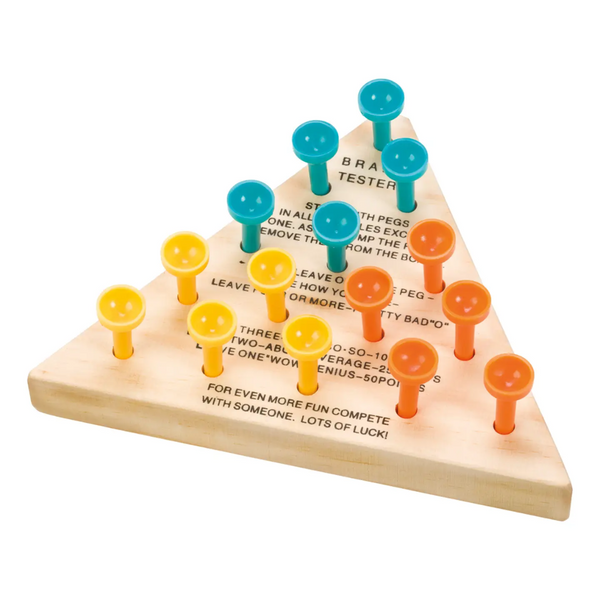 Wooden triangle peg game set up with yellow, orange, and blue pegs on board with printed instructions