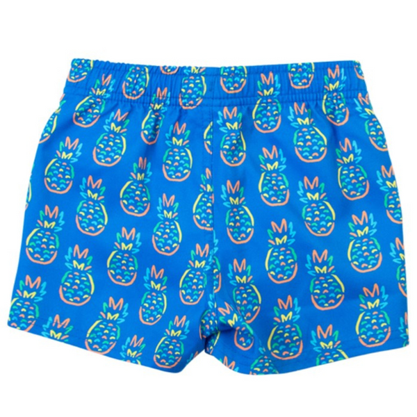 blue bottoms with pineapples on the swim trunks