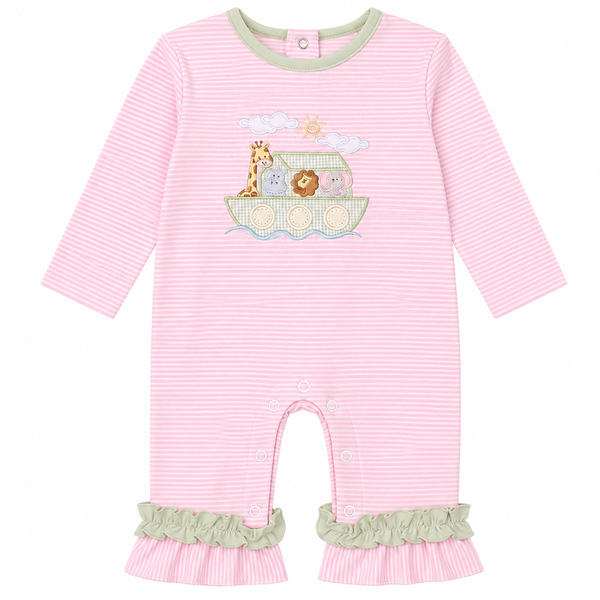 Baby girl pink striped romper with Noah’s Ark animal appliqué and ruffle trim at legs