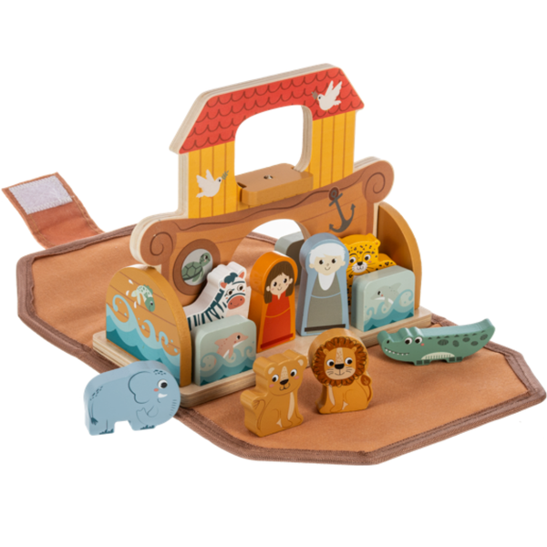 Open Noah’s Ark wooden toy set with two people figures, colorful animal figures, illustrated waves, and fold-down fabric sides.