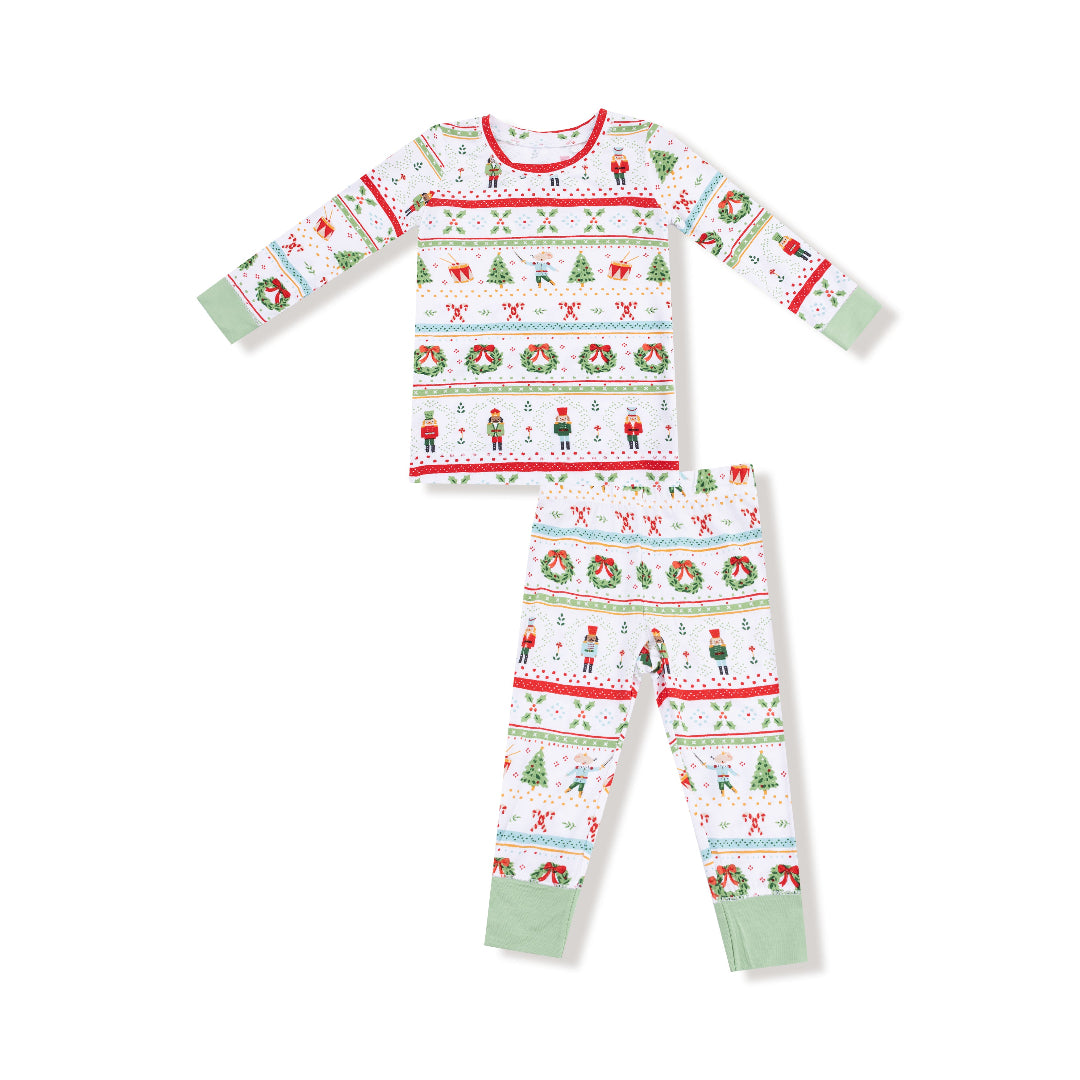 Kids holiday loungewear set with Nutcracker Fair Isle print, includes long sleeve top and matching pants