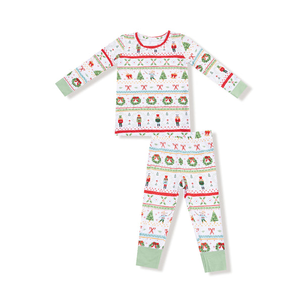Kids holiday loungewear set with Nutcracker Fair Isle print, includes long sleeve top and matching pants