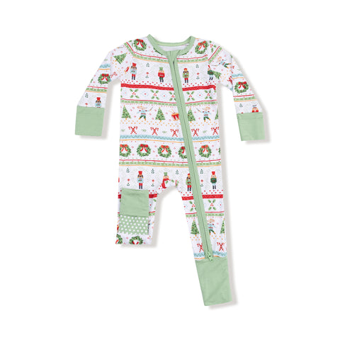 Front and back view of baby romper featuring a Nutcracker Fair Isle holiday print with green cuffs and fold-over grippy footies.

