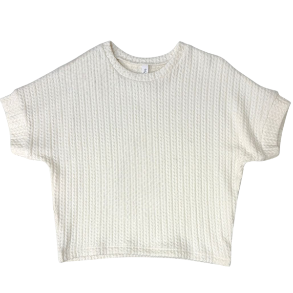Girls short sleeve textured knit sweater top in taupe and cream with a relaxed fit on a white background.