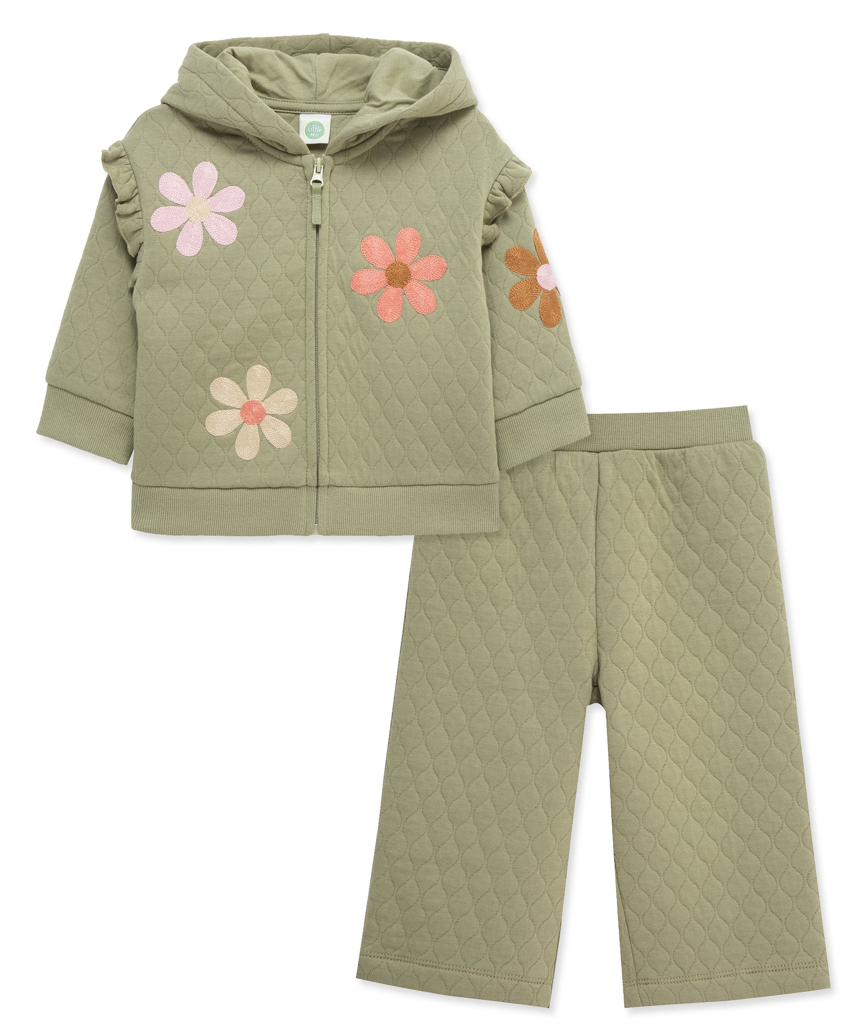 olive zip up hoodie with flowers on it with matching olive pants