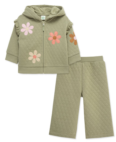 olive zip up hoodie with flowers on it with matching olive pants