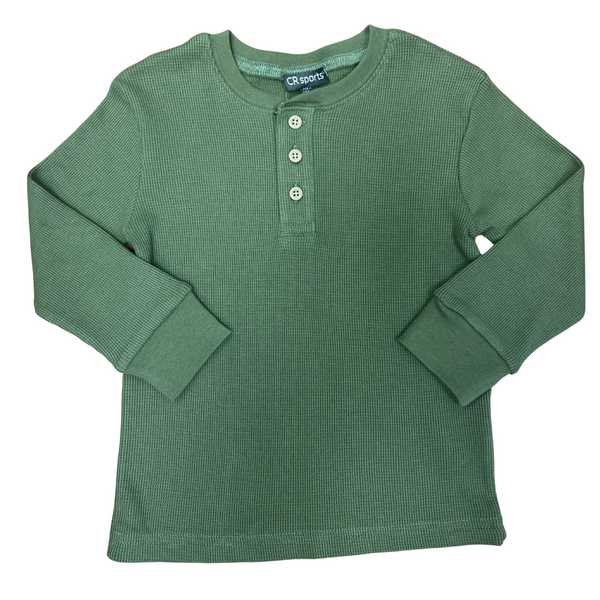 Olive Green waffle knit henley tee with 3 buttons in the front and cuffed sleeves